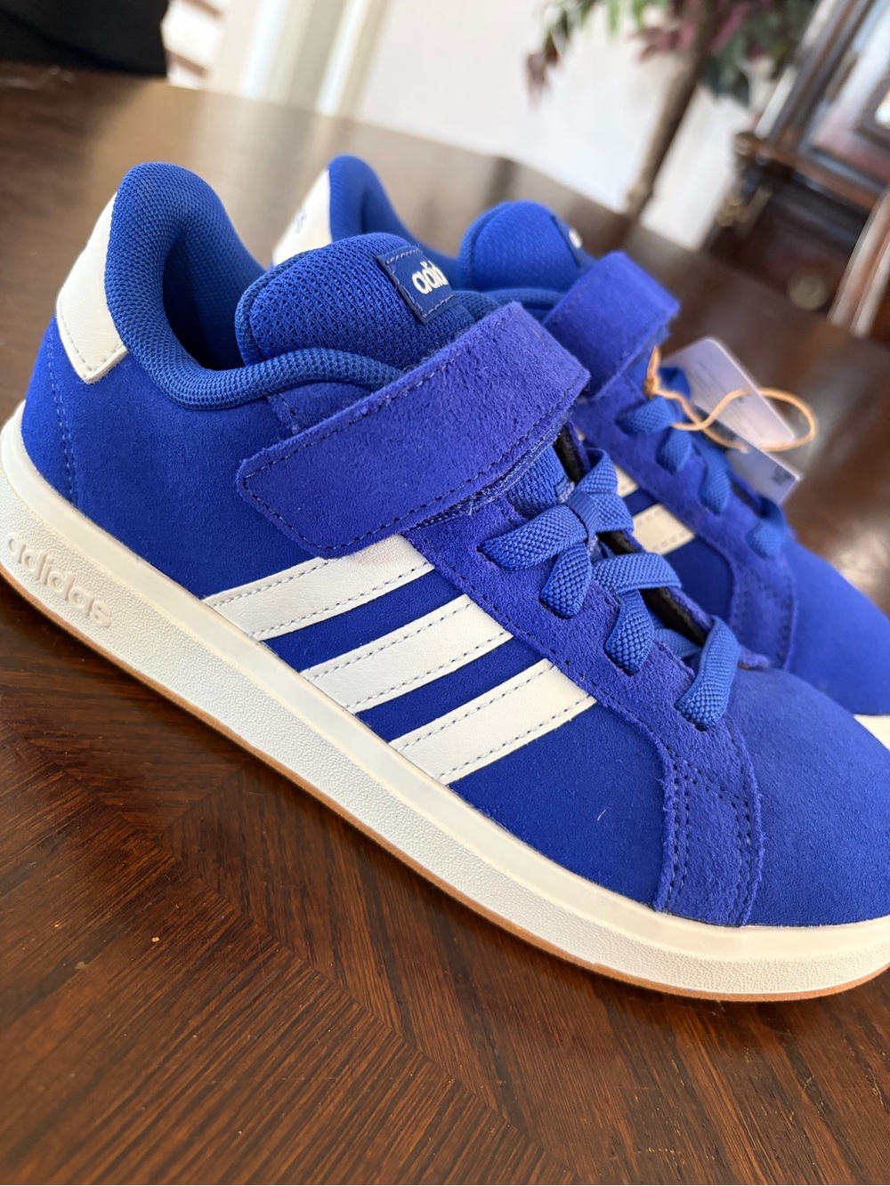 adidas Kids Blue Suede Sneakers with White Stripes grand court